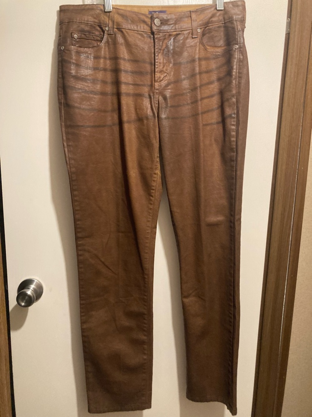 NYDJ Brown Straight Leg faux leather looking Coated Jeans
